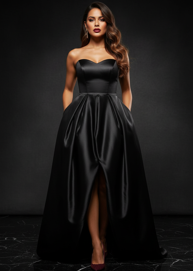 Satin Kleid Black - Abendkleid Schwarz Traegerlos Plus Size Satin Split - Ansicht 1