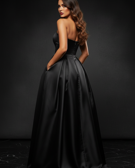 Satin Kleid Black - Abendkleid Schwarz Traegerlos Plus Size Satin Split - Ansicht 2