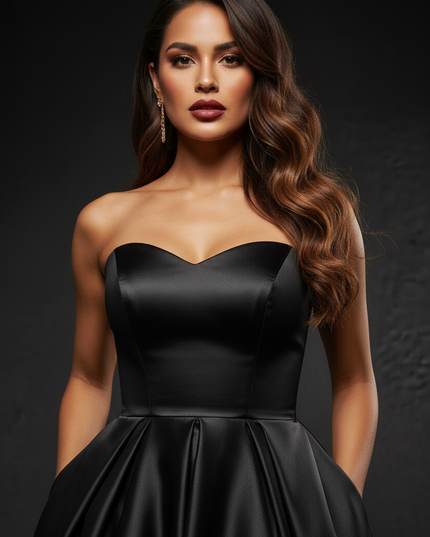 Satin Kleid Black - Abendkleid Schwarz Traegerlos Plus Size Satin Split - Ansicht 4