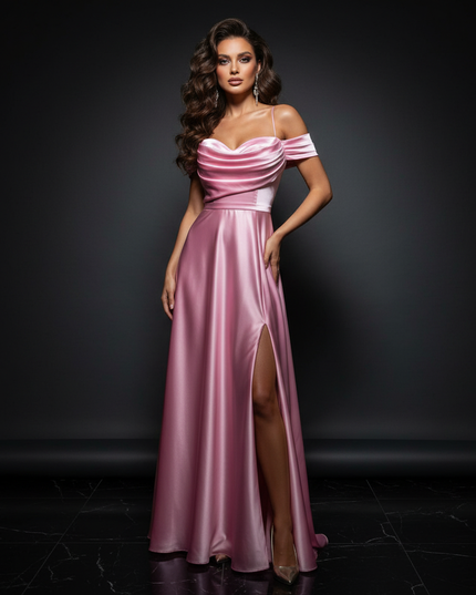 Satin Kleid - Satin Abendkleid Schwarz - Off-Shoulder Maxi lang - Ansicht 1