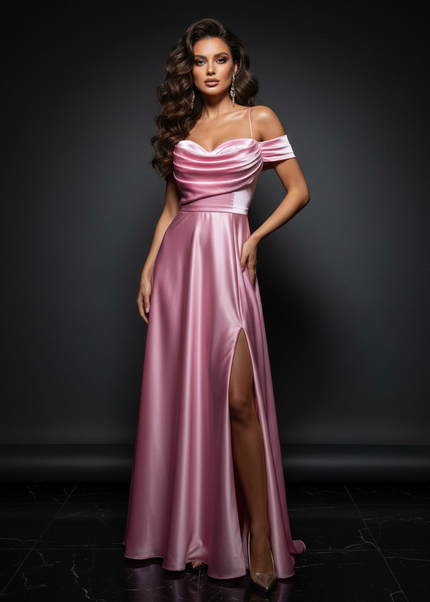 Satin Kleid - Satin Abendkleid Schwarz - Off-Shoulder Maxi lang - Ansicht 1