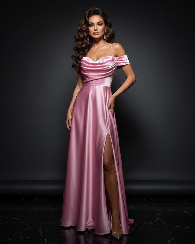 Satin Kleid - Satin Abendkleid Schwarz - Off-Shoulder Maxi lang - Ansicht 1