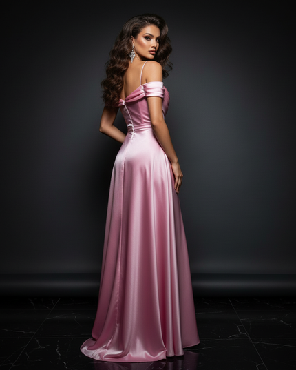 Satin Kleid - Satin Abendkleid Schwarz - Off-Shoulder Maxi lang - Ansicht 2