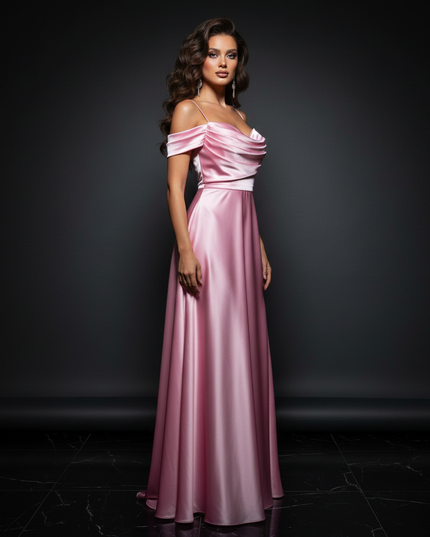 Satin Kleid - Satin Abendkleid Schwarz - Off-Shoulder Maxi lang - Ansicht 3