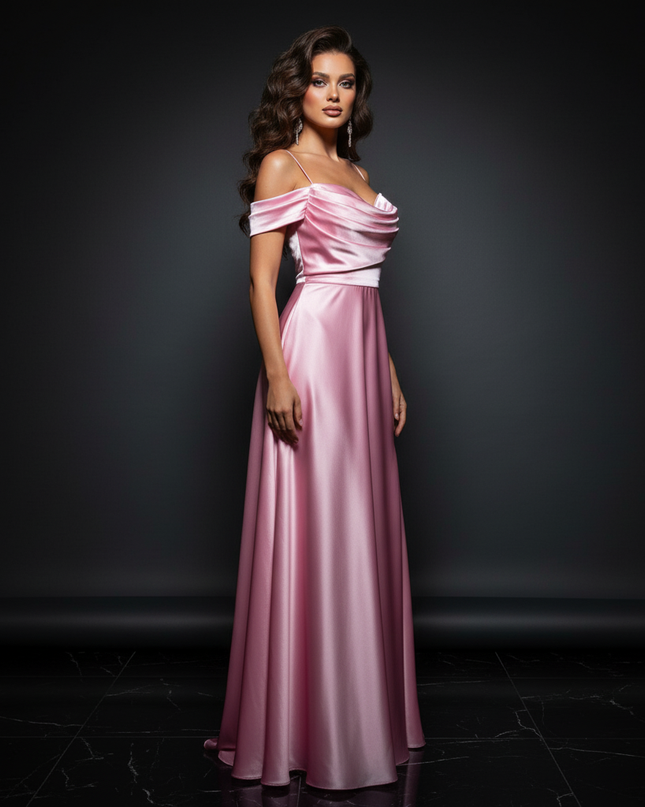 Satin Kleid - Satin Abendkleid Schwarz - Off-Shoulder Maxi lang - Ansicht 3