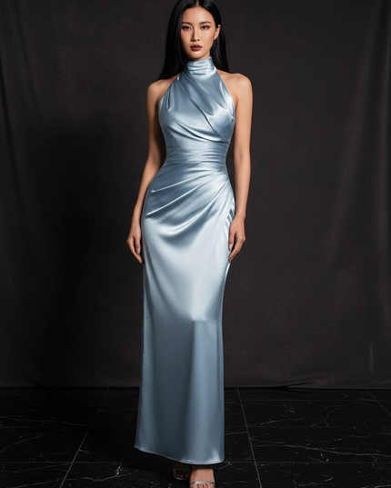 Satin Kleid - Satin Abendkleid Silber - Langes Halterkleid - Ansicht 1