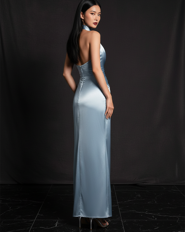Satin Kleid - Satin Abendkleid Silber - Langes Halterkleid - Ansicht 2