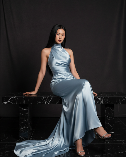 Satin Kleid - Satin Abendkleid Silber - Langes Halterkleid - Ansicht 5