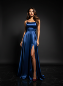 Satin Kleid Blue - Satin Abendkleid Spaghettitraeger Blau - A-Linie Schlitz - Ansicht 1