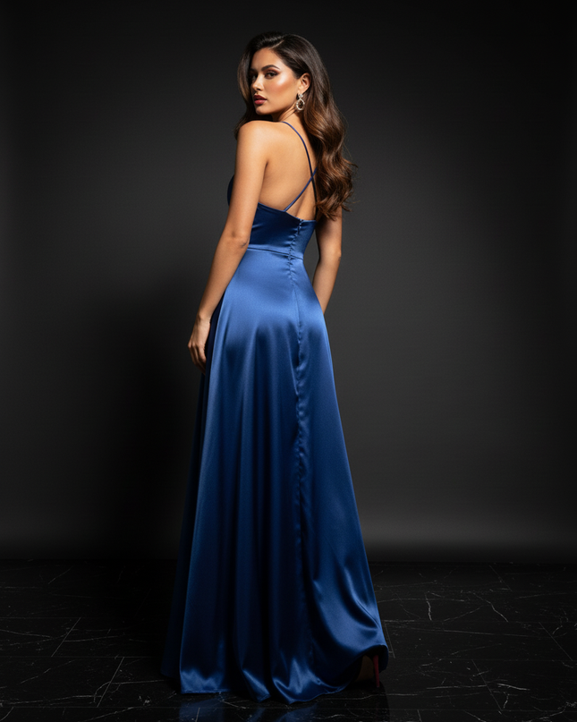 Satin Kleid Blue - Satin Abendkleid Spaghettitraeger Blau - A-Linie Schlitz - Ansicht 2