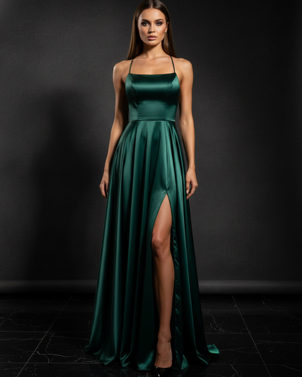Satin Kleid Green - Satin Abendkleid Spaghettitraeger Gruen - A-Linie Lang - Ansicht 1