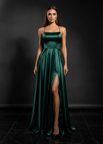 Satin Kleid Green - Satin Abendkleid Spaghettitraeger Gruen - A-Linie Lang - Ansicht 1