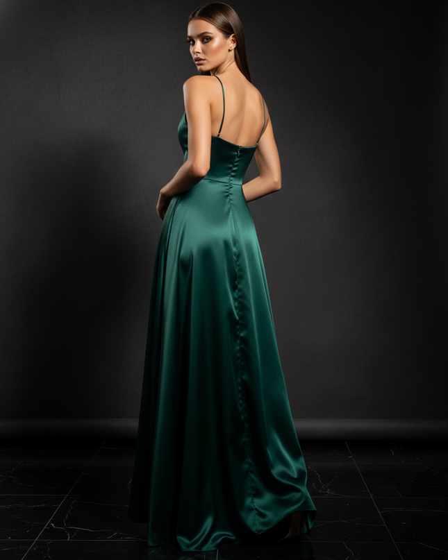 Satin Kleid Green - Satin Abendkleid Spaghettitraeger Gruen - A-Linie Lang - Ansicht 2