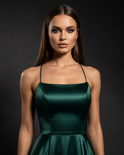 Satin Kleid Green - Satin Abendkleid Spaghettitraeger Gruen - A-Linie Lang - Ansicht 4