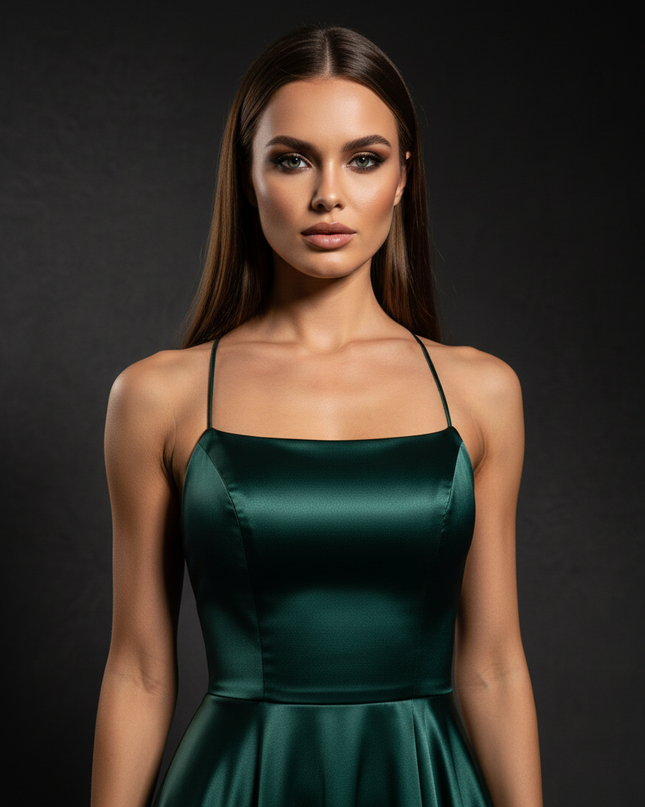 Satin Kleid Green - Satin Abendkleid Spaghettitraeger Gruen - A-Linie Lang - Ansicht 4