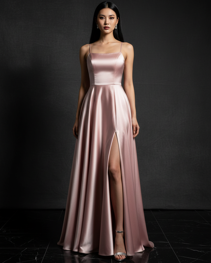 Satin Kleid Pink - Satin Abendkleid Spaghettitraeger Rosa - A-Linie Lang - Ansicht 1