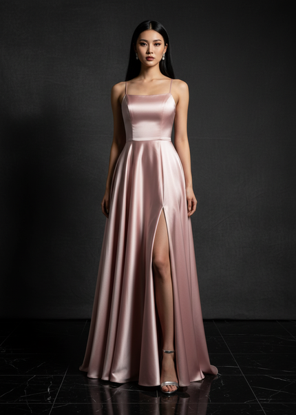 Satin Kleid Pink - Satin Abendkleid Spaghettitraeger Rosa - A-Linie Lang - Ansicht 1