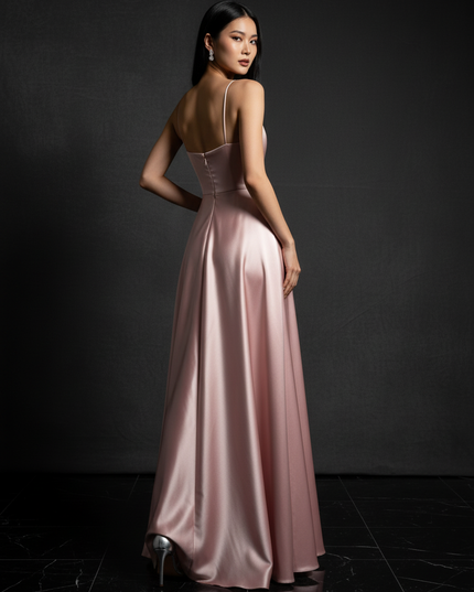 Satin Kleid Pink - Satin Abendkleid Spaghettitraeger Rosa - A-Linie Lang - Ansicht 2