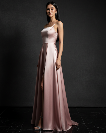 Satin Kleid Pink - Satin Abendkleid Spaghettitraeger Rosa - A-Linie Lang - Ansicht 3