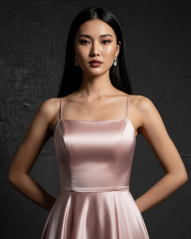 Satin Kleid Pink - Satin Abendkleid Spaghettitraeger Rosa - A-Linie Lang - Ansicht 4