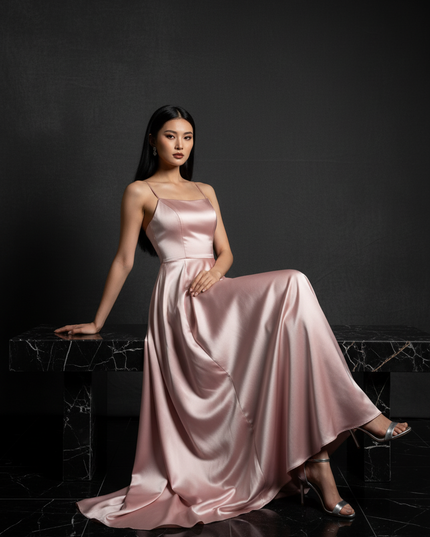 Satin Kleid Pink - Satin Abendkleid Spaghettitraeger Rosa - A-Linie Lang - Ansicht 5