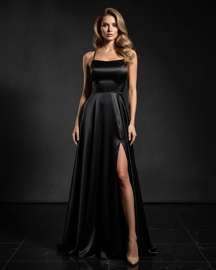 Satin Kleid Black - Satin Abendkleid Spaghettitraeger Schwarz - Schlitz Lang - Ansicht 1