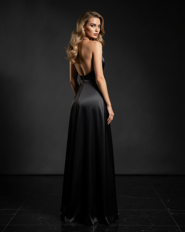 Satin Kleid Black - Satin Abendkleid Spaghettitraeger Schwarz - Schlitz Lang - Ansicht 2