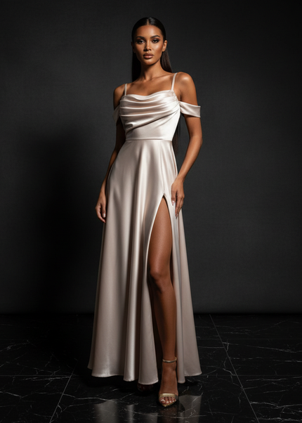 Satin Kleid - Satin Abendkleid Spaghettitraeger - Off-Shoulder Maxi - Ansicht 1
