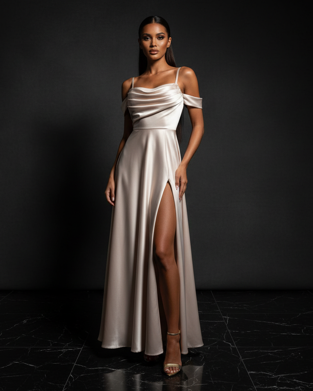 Satin Kleid - Satin Abendkleid Spaghettitraeger - Off-Shoulder Maxi - Ansicht 1