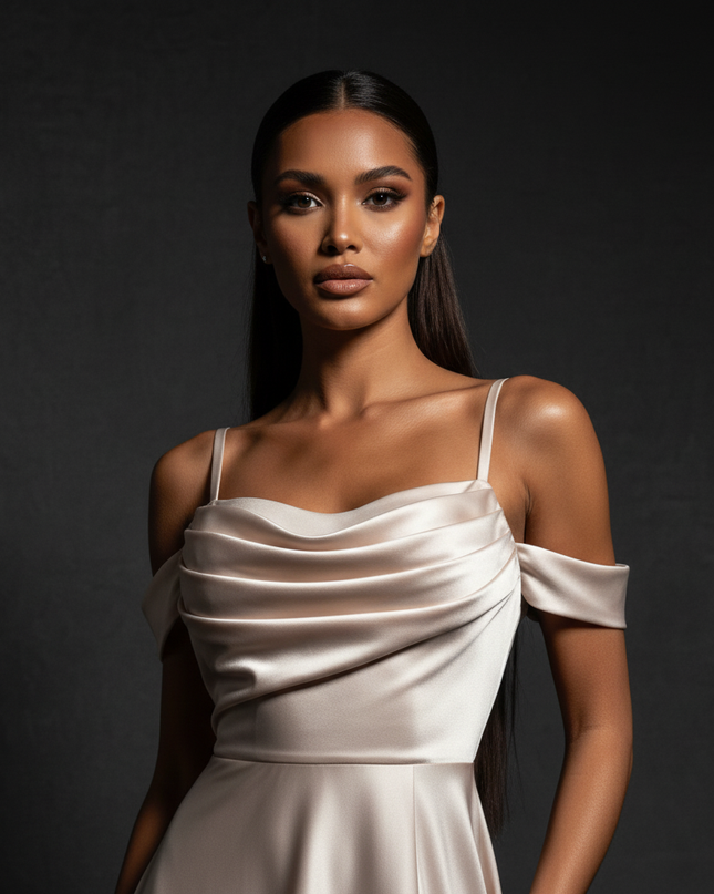 Satin Kleid - Satin Abendkleid Spaghettitraeger - Off-Shoulder Maxi - Ansicht 4