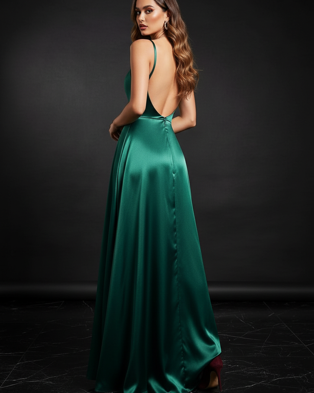 Satin Kleid - Satin Abendkleid Tannengruen - Cowl Neck lang - Ansicht 2