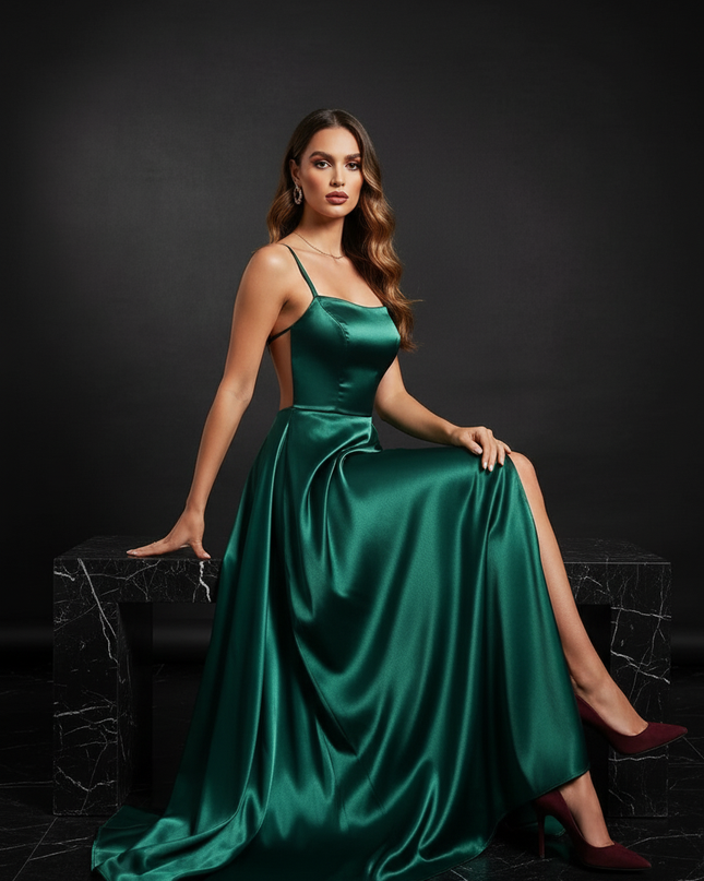 Satin Kleid - Satin Abendkleid Tannengruen - Cowl Neck lang - Ansicht 5