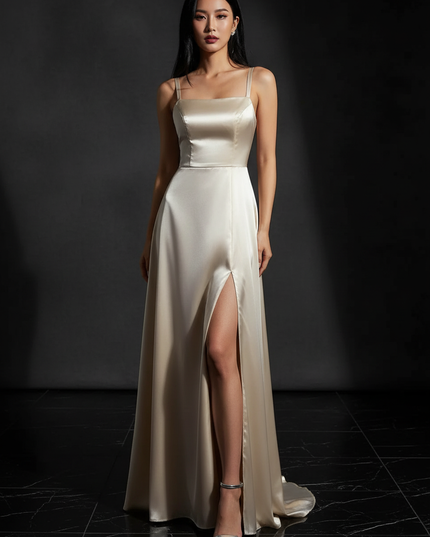 Satin Kleid - Satin Abendkleid Taupe - Lang Cowl Neck Satin - Ansicht 1