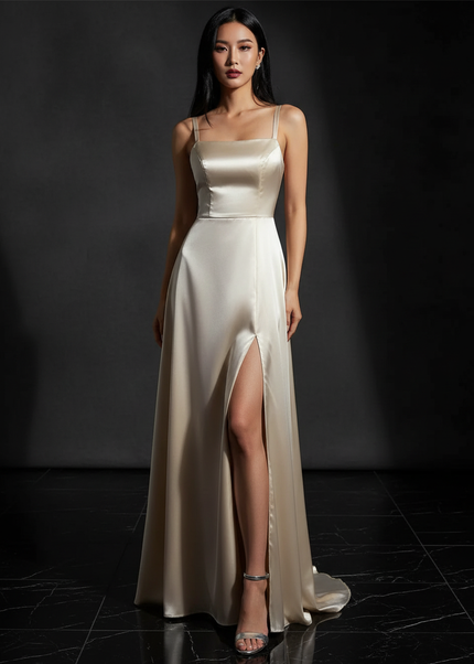 Satin Kleid - Satin Abendkleid Taupe - Lang Cowl Neck Satin - Ansicht 1