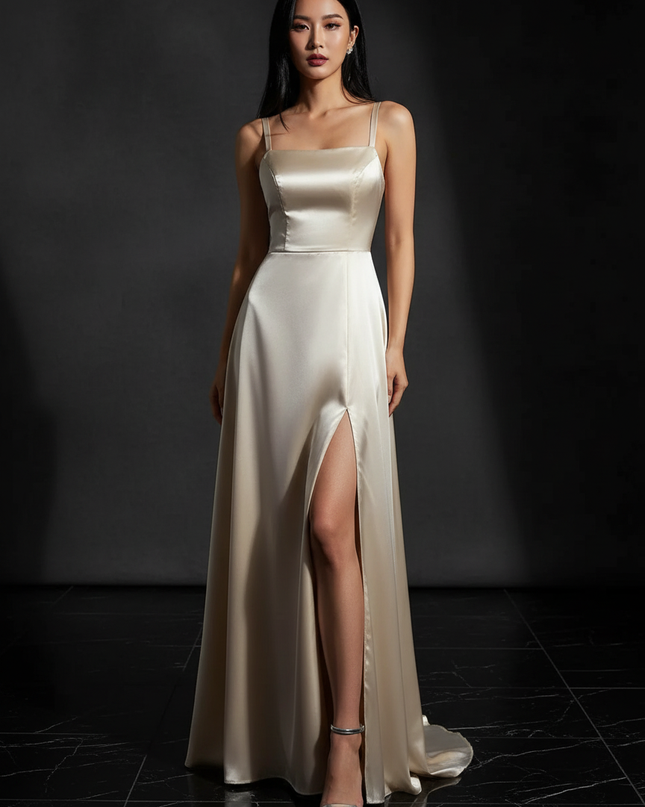 Satin Kleid - Satin Abendkleid Taupe - Lang Cowl Neck Satin - Ansicht 1