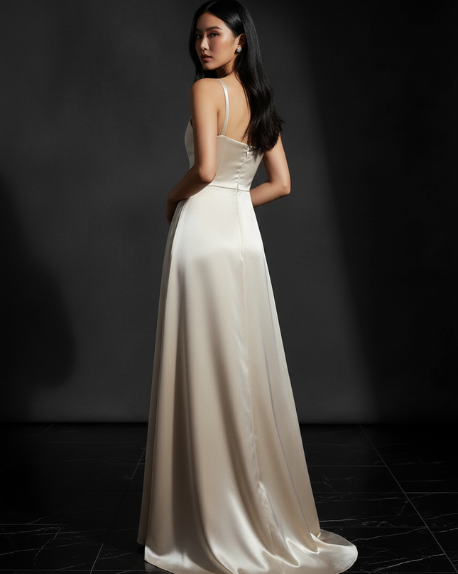 Satin Kleid - Satin Abendkleid Taupe - Lang Cowl Neck Satin - Ansicht 2