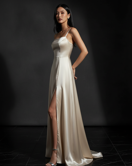 Satin Kleid - Satin Abendkleid Taupe - Lang Cowl Neck Satin - Ansicht 3