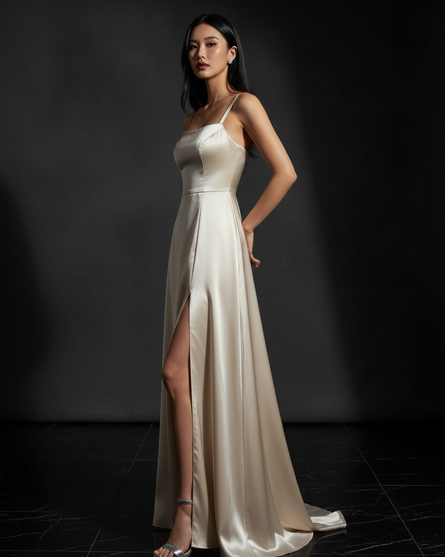 Satin Kleid - Satin Abendkleid Taupe - Lang Cowl Neck Satin - Ansicht 3