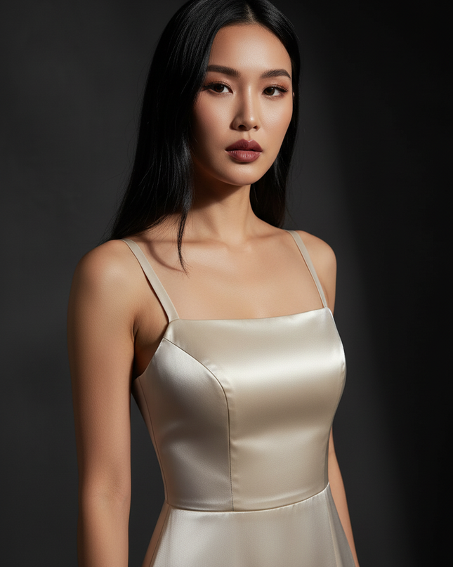 Satin Kleid - Satin Abendkleid Taupe - Lang Cowl Neck Satin - Ansicht 4