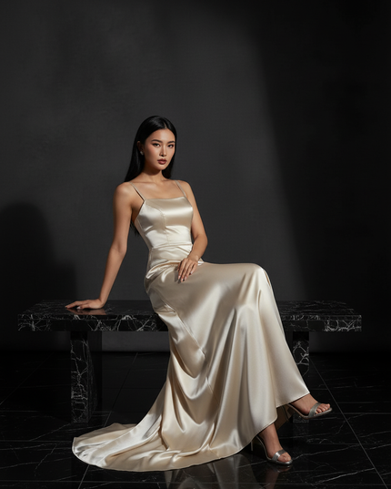 Satin Kleid - Satin Abendkleid Taupe - Lang Cowl Neck Satin - Ansicht 5