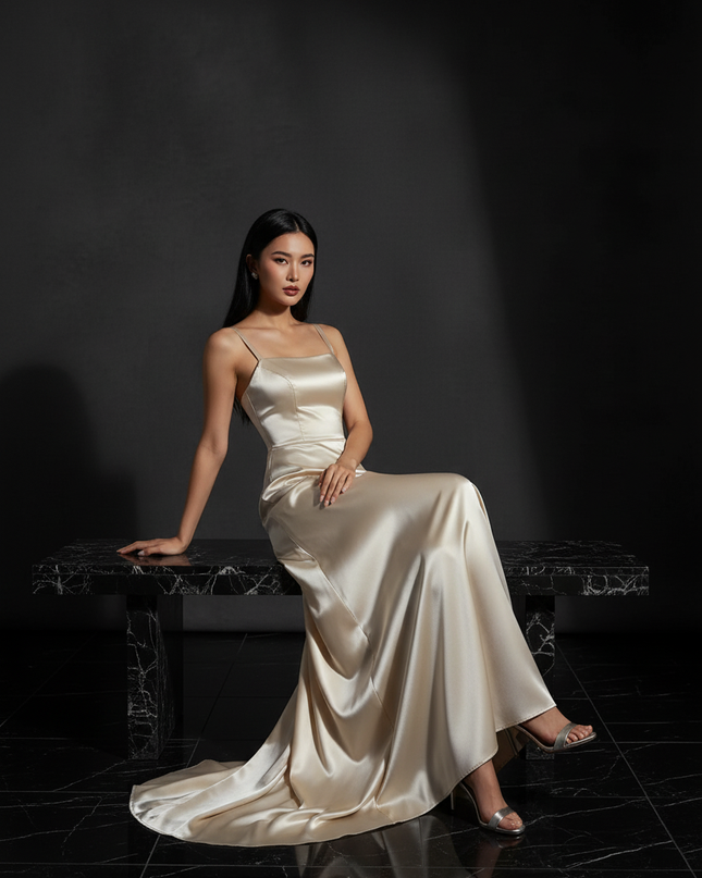 Satin Kleid - Satin Abendkleid Taupe - Lang Cowl Neck Satin - Ansicht 5
