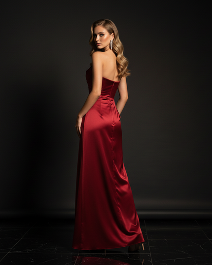 Satin Kleid - Satin Abendkleid Traegerlos Rot - Corsage lang - Ansicht 2