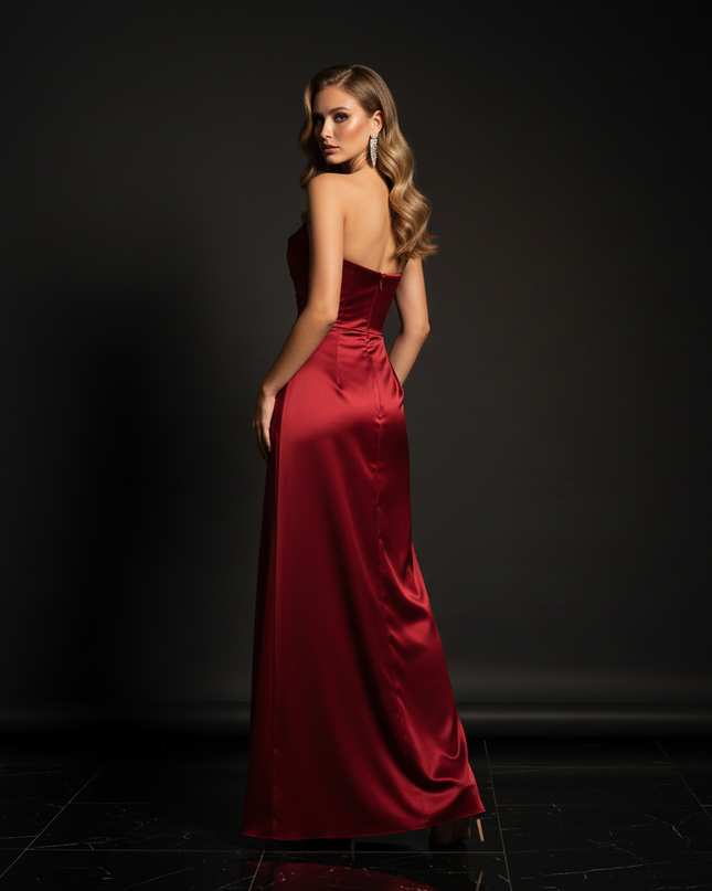 Satin Kleid - Satin Abendkleid Traegerlos Rot - Corsage lang - Ansicht 2