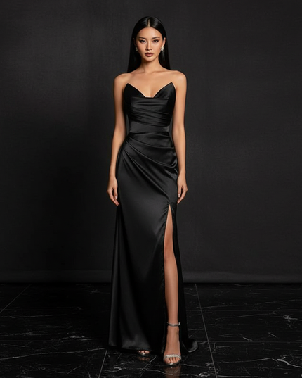 Satin Kleid - Satin Abendkleid Traegerlos Schwarz - Corsage - Ansicht 1