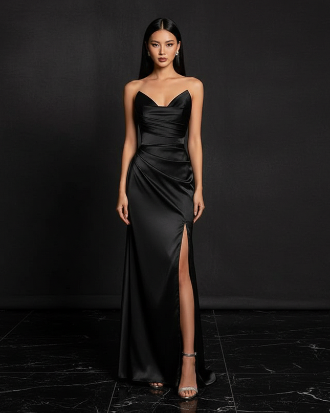 Satin Kleid - Satin Abendkleid Traegerlos Schwarz - Corsage - Ansicht 1