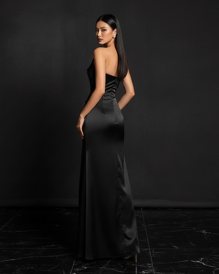Satin Kleid - Satin Abendkleid Traegerlos Schwarz - Corsage - Ansicht 2