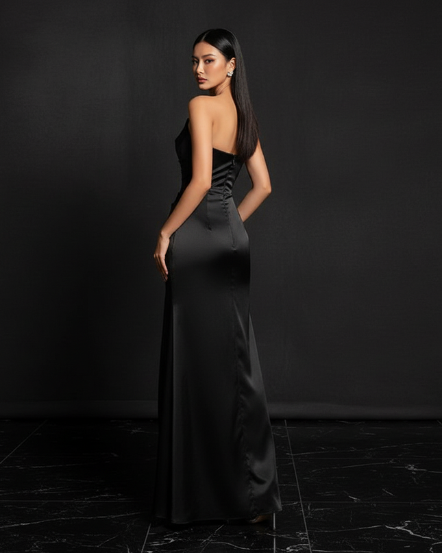 Satin Kleid - Satin Abendkleid Traegerlos Schwarz - Corsage - Ansicht 2