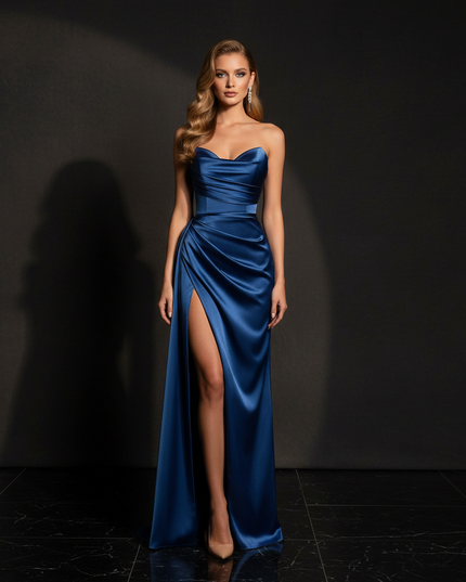 Satin Kleid - Satin Abendkleid V-Ausschnitt Blau - Corsage lang - Ansicht 1