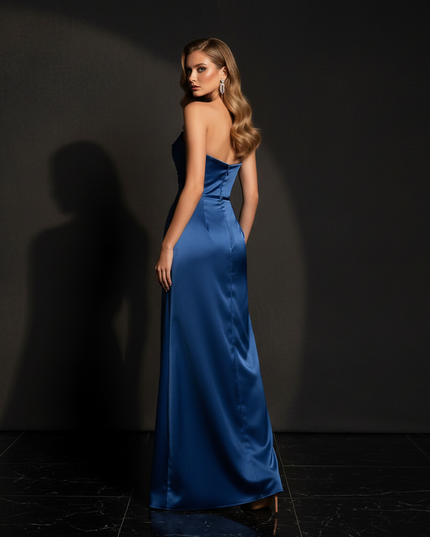 Satin Kleid - Satin Abendkleid V-Ausschnitt Blau - Corsage lang - Ansicht 2