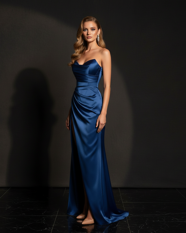 Satin Kleid - Satin Abendkleid V-Ausschnitt Blau - Corsage lang - Ansicht 3